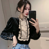 Long Sleeve Stand Collar Velvet Blouse Shirts