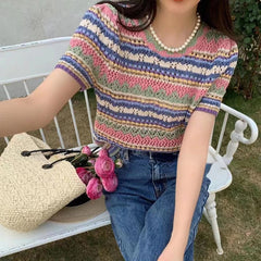 Retro Knitted Hollow Out Striped Slim Shirts