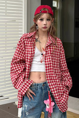 Long Sleeve Hip Hop Red Plaid Blouse Shirt