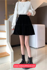 High Waist Solid A-Line Velvet Mini Skirts