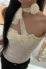 Sexy Cute Slash Neck Lace Bow Crop Tops