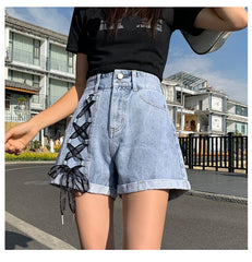 High Waist Lace Up Denim Shorts Jeans