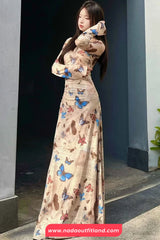 Long Sleeve Butterfly Pattern Sexy Slim Dress