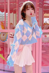 Long Sleeve Blue Argyle Pattern Cropped Bow Sweater