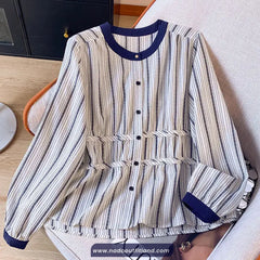 Long Sleeve Vertical Striped O-Neck Elegant Blouse Shirt