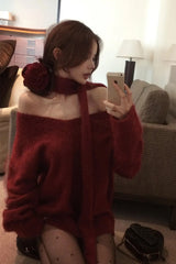 Long Sleeve Off Shoulder Knitted Sweater With Scarf