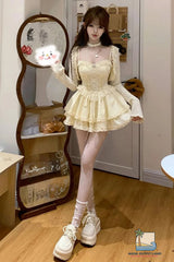 Sexy Cute Ruffled Lace Yellow Mini Dress