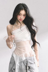 Sexy Skew Collar Mesh Transparent Irregular Shirts