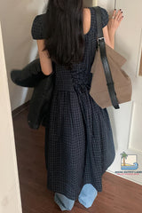 Vintage Puff Sleeve Plaid Pattern Long Bandage Dress