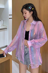 Long Sleeve Glitter Transparent Blouse Shirts