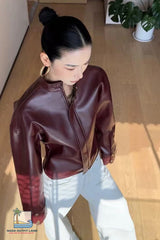 Long Sleeve Stand Collar Wine Red Leather Retro Jacket