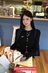 Long Sleeve Cute Dog Embroidered Colorful Buttons Cardigan Sweater