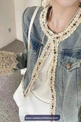 Long Sleeve Retro Lace Patchwork Denim Jacket