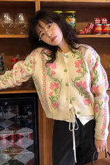 Long Sleeve Pink Floral Pattern Cardigan Sweater