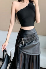 High Waist Mesh Leather A-Line Long Skirts