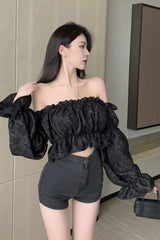 Long Sleeve Sexy Slash Neck Folds Cropped Shirt