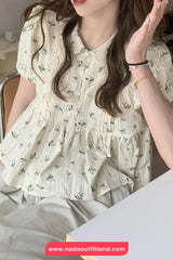 Short Sleeve Floral Pattern Doll Collar Shirt