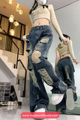High Waist Hole Ripped Women Jeans Pants