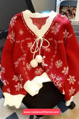 Long Sleeve Christmas Theme Pattern V-Neck Sweater