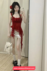 Sexy Sleeveless Irregular Red Crop Tops