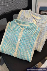 Short Sleeve Turn Down Collar Striped Style Knitted Shirt
