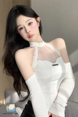 Sexy Off Shoulder Halter Neck Lace Cropped Shirt
