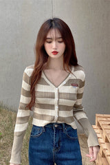V-Neck Stripes Cropped Casual Cardigan Sweater