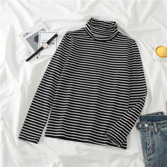 High Neck Long Sleeve Striped Slim Shirt