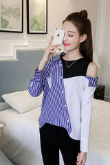 Long Sleeve Striped Cut Side Shoulder Blouse Shirt
