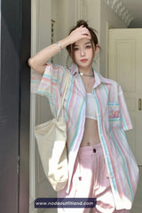 Short Sleeve Butterfly Pocket Pattern Pastel Striped Colors Blouse Shirt