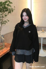 Long Sleeve Striped Style V-Neck Black Sweater