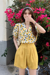 Floral Puff Sleeve Turn Down Collar Blouse Shirt