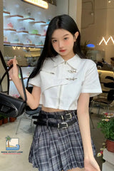 Sexy Turn Down Collar Retro Cropped Zipper Blouse Shirt