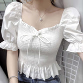 Puff Sleeve Slash Neck Cropped Blouse