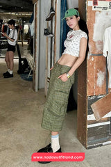 High Waist Green Plaid Knee Length Cargo Pants