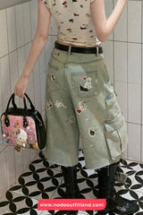 High Waist Knee Length Cute Dogs Pattern Jeans Pants