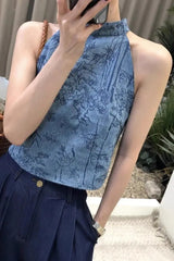 Sexy Floral Printed Halter Blue Crop Tops