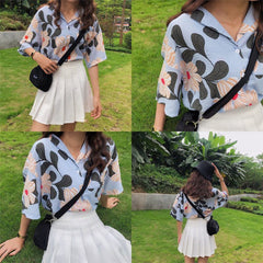 Vintage Floral Pattern Short Sleeve Blouse Shirt