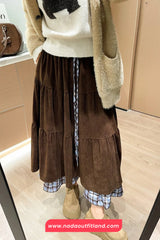 High Waist Retro Plaid Patchwork Corduroy Fake Two Long Skirts