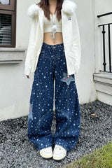 Loose Retro Stars Pattern Patchwork Washed Blue Jeans Pants