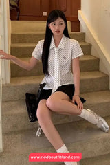 Short Sleeve Full Polka Dots Pattern Tie Blouse Shirt