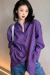 Long Sleeve Retro Purple Striped Casual Blouse Shirt