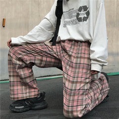 Pink Retro Plaid Hip Hop Loose Pants