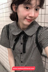 Short Sleeve Doll Collar Plaid Pattern Blouse Shirt