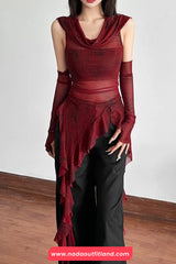 See Through Irregular Hooded Ruffles Slim Shirt