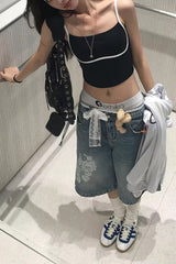Loose Flowers Pattern Casual Denim Shorts