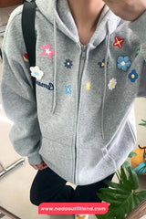 Long Sleeve 3D Floral Embroidered Hooded Zipper Sweatshirt