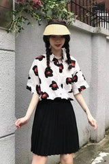 Short Sleeve Cartoon Floral Printed Retro Blouse Shirt