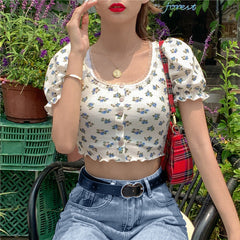 U-Neck Florals Pattern Slim Shirt