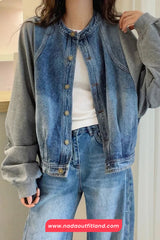 Loose O-Neck Denim Patchwork Sweatshirt